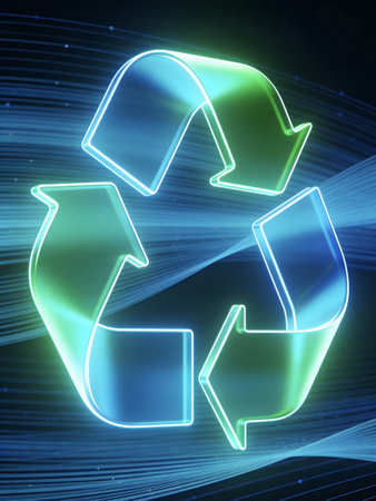 Glowing recycle symbol on a dark background. 3D Renderingの写真素材