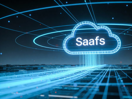 Glowing cloud computing hologram over dark city background, 3D rendering