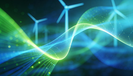 Wind turbines on blue background. Renewable energy concept. 3D Rendering