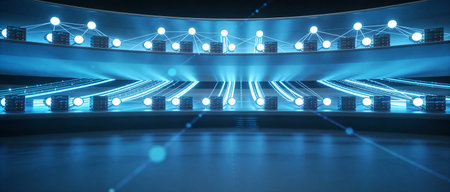 3D rendering of an empty stage with spotlights and neon lights