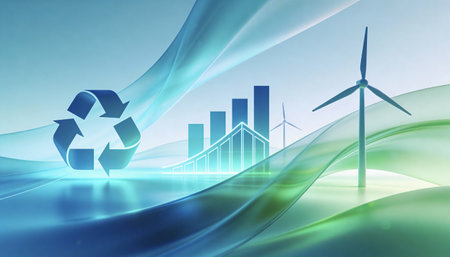 Recycling symbol with wind turbines and graph on abstract green background