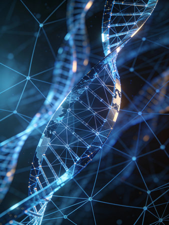 3D rendering DNA molecule structure with particles and lines on dark backgroundの写真素材