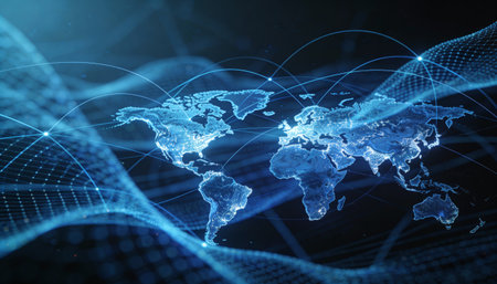 Digital world map on dark background. Globalization concept. 3D Rendering