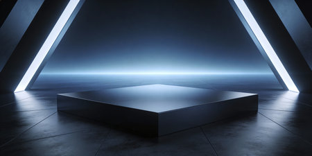 3d rendering of a dark empty room with neon lights and a pedestalの写真素材