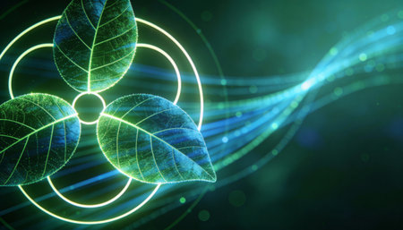 Green leaves and circles on a dark background. 3d rendering.の写真素材