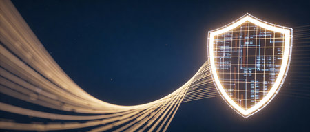 3D rendering of a cyber security concept with a shield on a dark background