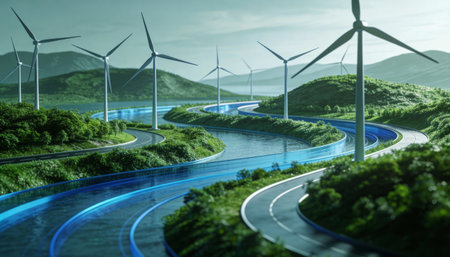 Green energy concept. Wind turbines on the road. 3D rendering