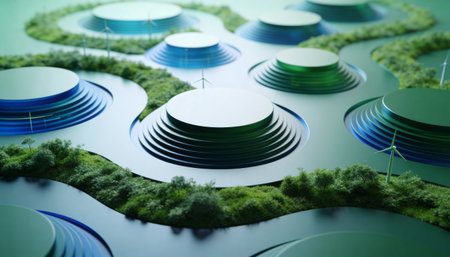3d illustration of wind turbines in green field. Alternative energy conceptの写真素材
