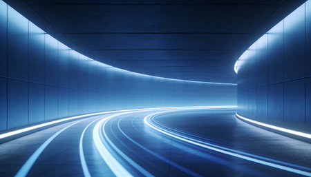 Car light trails on the road in the tunnel. 3d renderingの写真素材