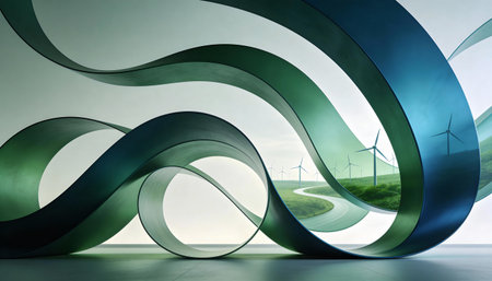 Wind turbines in futuristic interior. Alternative energy concept. 3D Rendering
