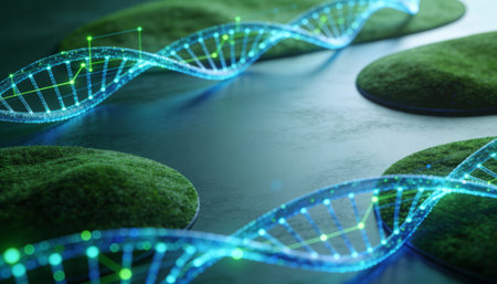 Digital illustration DNA structure with green grass on dark background. 3D renderingの写真素材