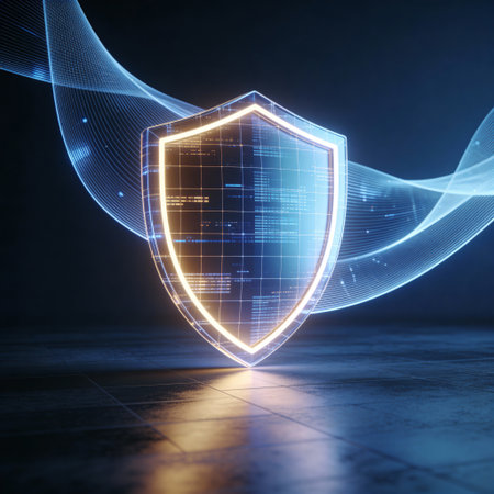 Protection shield on abstract dark background. Security concept. 3D Rendering