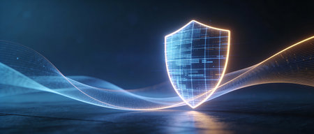 Cyber security concept. Abstract glowing shield on dark background 3D rendering