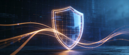 Cyber security concept. Shield glowing on dark background. 3D Rendering