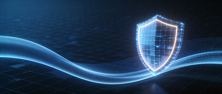 Protection shield icon on digital background. Cyber security concept. 3D Rendering