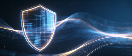 3D rendering of a shield with cyber security concept on dark background