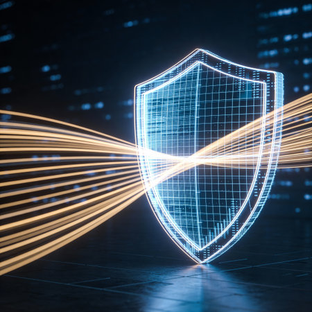 3d rendering of abstract cyber security hologram with shield on blue background