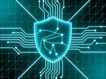 Cyber security concept with shield icon on circuit board. 3D Rendering