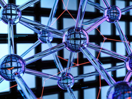 3d rendering of abstract metal structure with connection lines and spheres.