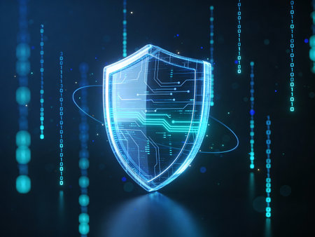 Protection shield on blue background. Security concept. 3D Rendering