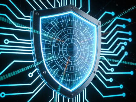 Cyber security concept with shield and circuit board. 3D Rendering