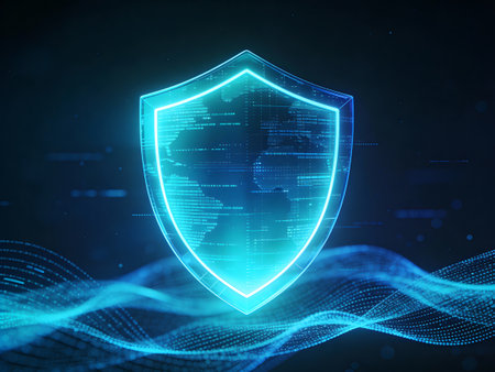 Protection shield with digital world map on blue background. 3D Rendering