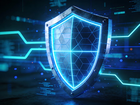 cyber security concept with shield on dark background 3D rendering toned image double exposure