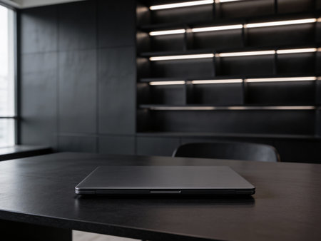 Laptop on a black table in a modern office. 3d rendering