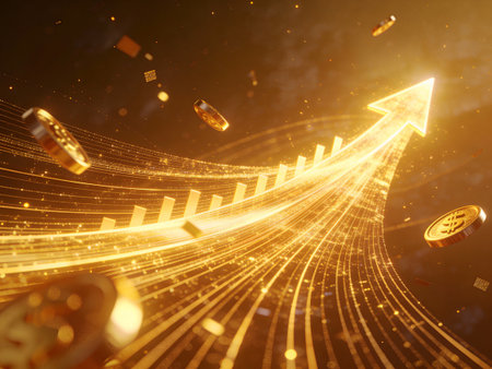 3D rendering of an arrow going up and gold coins flying in the air