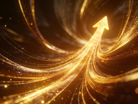 Abstract gold arrow on dark background. 3d rendering toned imageの写真素材