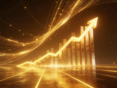 Futuristic business graph with glowing arrow on dark background. 3D Renderingの写真素材