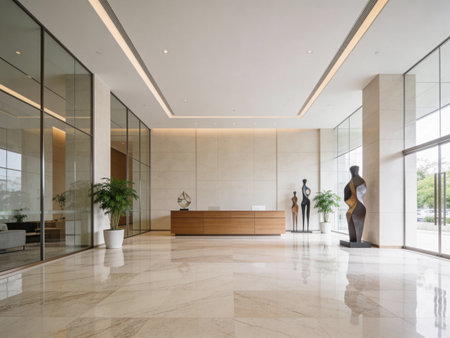 Interior of a modern office building with glass walls and marble floor