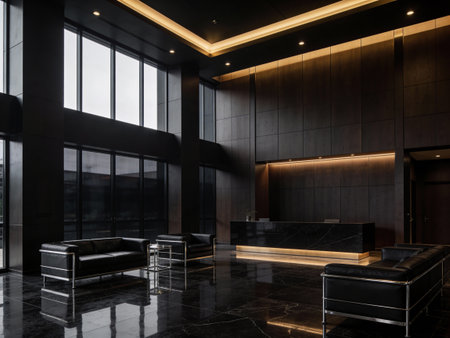 Luxury hotel lobby interior with a black marble floor. 3d renderingの写真素材
