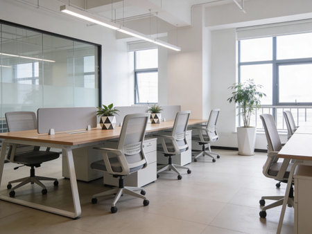 Interior of a modern open space office with white chairs and tables
