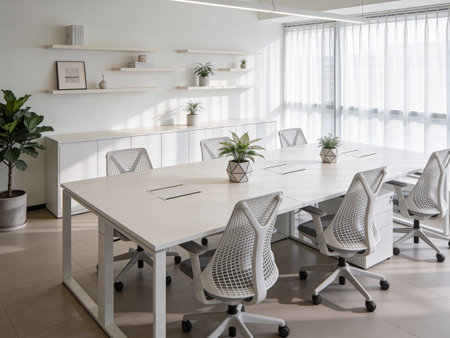 Modern office interior with white chairs and tables. Nobody inside. Nobody inside