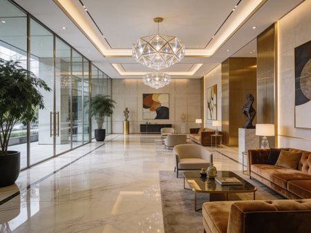 Interior of a hotel lobby. Luxury living room with beige sofa and armchairs