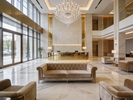 Luxury hotel lobby interior with sofas and large windowsの写真素材