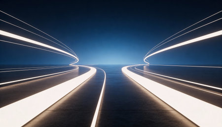 Futuristic road at night with light lines. 3d renderingの写真素材