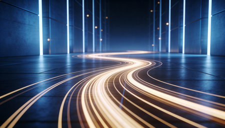 3d rendering. Futuristic corridor with neon lights in the darkの写真素材