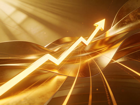3d illustration of graph over golden background with light rays and flareの写真素材