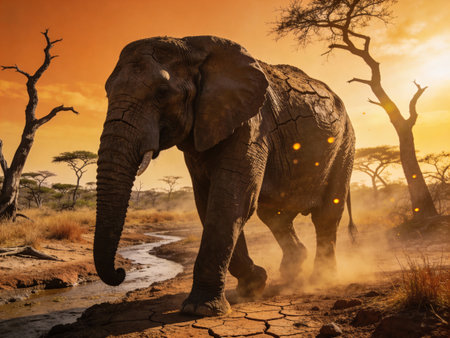 African elephant in the savannah at sunset. Kenya, Africa.の写真素材