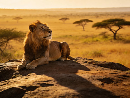 Lion lying on the rock in Serengeti National Park, Tanzaniaの写真素材