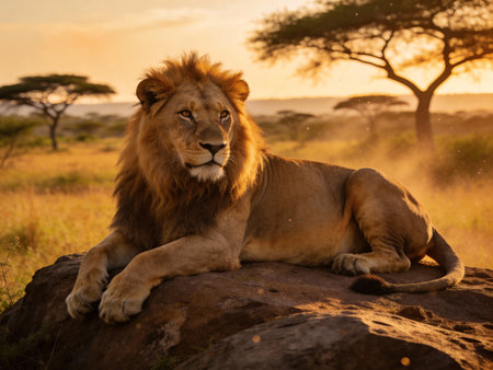 Lion lying on a rock in Serengeti National Park, Tanzaniaの写真素材