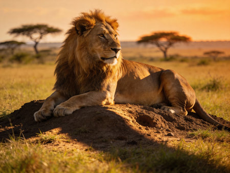Lion lying on mound in Serengeti National Park, Tanzaniaの写真素材