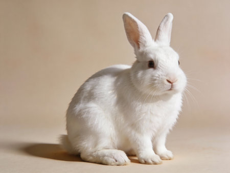 White rabbit sitting on a beige background. Close-up.