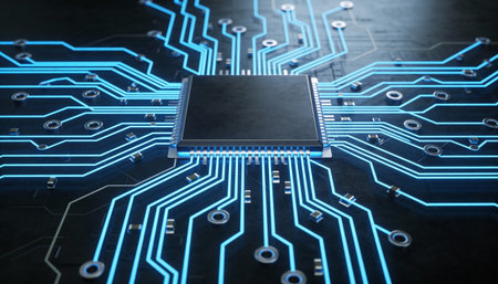 Circuit board with microchips on dark background 3D renderingの写真素材