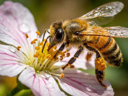 Bee on a flower collects nectar and pollen. Macro photography.