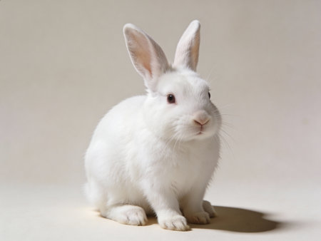 Cute white rabbit on a light background. Studio photo of a white rabbit.