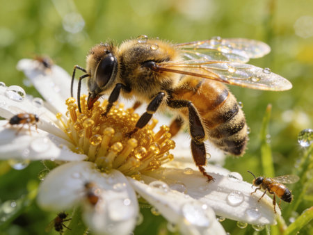 Bee on a flower with dew drops. Shallow depth of field.