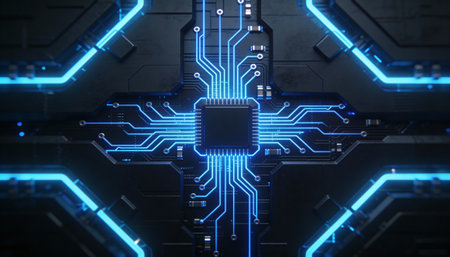 Circuit board with blue neon lights. Technology concept. 3D Renderingの写真素材